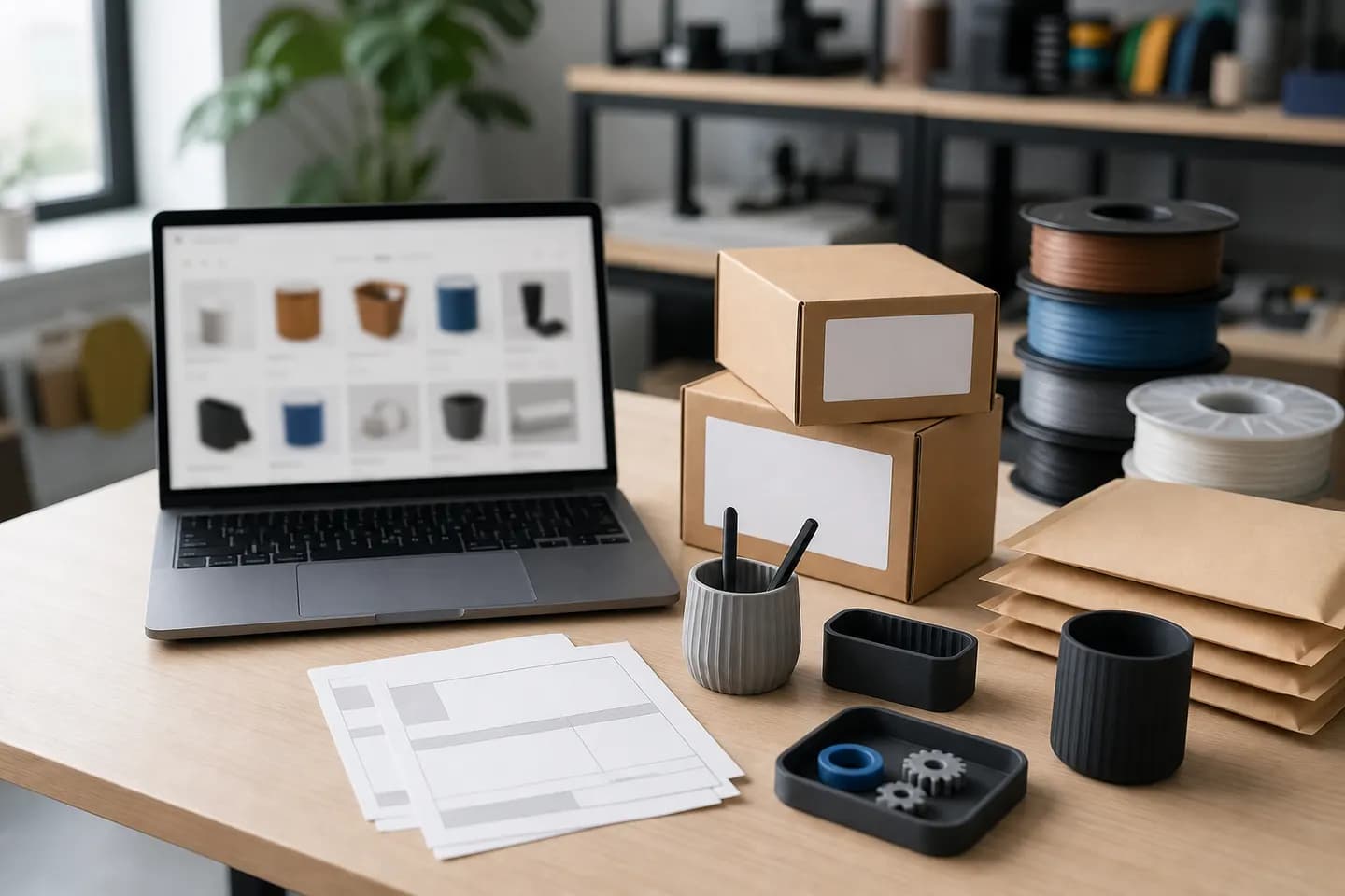 An ecommerce desk scene with a laptop, parcels, filament spools and 3D printed desk accessories.